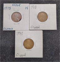 Three error clipped planchet Lincoln Cent Penny