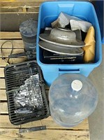 Lidded Tote of Parts, BBQ Grill, Heater & Water