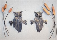 2 mid-century decor metal OWLS & 2 metal cat tails