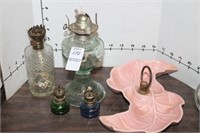 OIL LAMPS AND VINTAGE CANDY DISH (HAS CHIP)