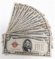 (10) Circulated 1928 United States $5.00 Bills