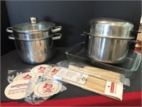 Steamer pot, stock pot, casserole dish, & skewers