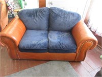 Leather and velvet loveseat and sofa