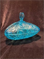 VINTAGE BLUE GLASS COVERED CANDY DISH