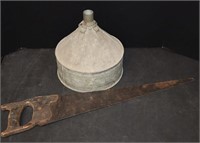 Vintage Hand Saw & Metal Funnel