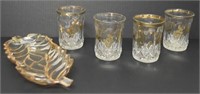 4 Glass Gold Rimmed Cups w/ Leaf Tray