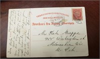 Vtg Post Card W/ A stamp Of Norway Traveling To