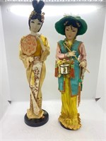 Vintage Pair Of Asian Oriental Dolls W/ Base .