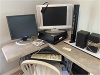 Computer desk, older computer, monitors, speakers