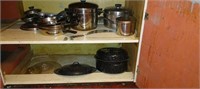 Assorted pots and pans, some enamelware, spare
