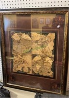 Framed four part map of the world in the 15th