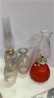 Two glass oil lamps and four glass chimney