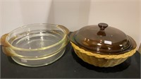 Pyrex baking dishes - two clear, one brown glass