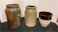 Lot of three glazed pottery crocks - one mixed