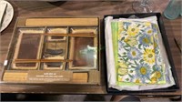 Box lot of quilting patchwork and a sushi dish