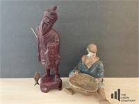 Carved Teak Wood Oriental Fishermen and Ceramic