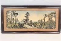 Vintage tropical palm & cypress trees scene,