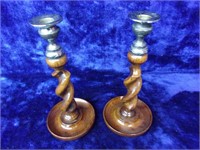 Pair Oak Barley Twist Candle Sticks