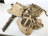 WWII pack with canteen, sword, shovel, mess kit