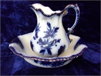 Exquisite Flow Blue Wash Basin and Pitcher