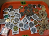 Tray lot wooden Nickels, tokens etc