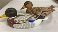 9”x4” Carved Wood Ducks Signed And Dated By F.c.