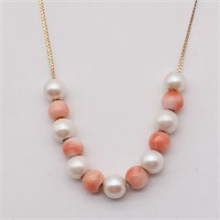 14K Necklace Pearls & Coral Beads