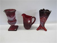Imperial Glass Ruby Slag 2 Vases + Pitcher