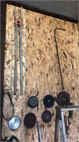 Grinder wheels, circular saw blades, shovel, post