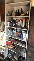 7’ tall wood shelf unit with oil filters & oil,