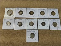 11 silver dime coins. 1875, 1896, 1908, 1913,