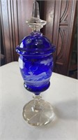 Cobalt Cut to Clear Deer Candy Jar with Lid