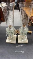 Pair of Glass Lamps with Etched Shades & Prisms
