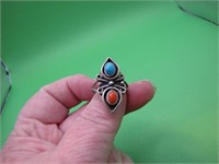 Turquoise & Coral Ornate Ring Size 6.5