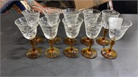 Ten Amber and Clear Etched Crystal Cordials