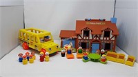Vintage Fisher Price House & School Bus Sets- A