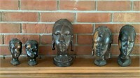 5 Carved Wood African Heads