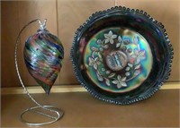 Carnival Glass Bowl & Blown Glass Ornament