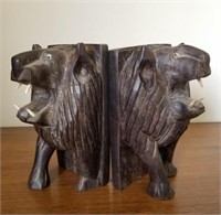 African Hand -Carved Lion Bookends