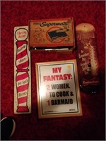 tin signs and supermatic cigarette maker etc