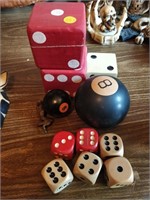 lot of large dice and magic 8 ball