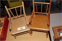 2 WOODEN DOLL CHAIRS - 1 IS A ROCKER
