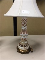 Pink glass lamp with overlay