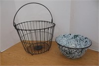 Primitive Decor Egg Basket, Granite Ware Bowl