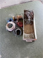 SMALL BIN OF WIRE AND SMALL CHAINS