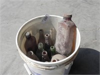 Bucket w/ Vintage Medical & Soda Bottles