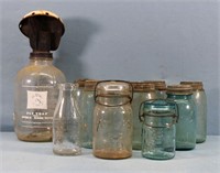 (9) Fruit Jars, Fly Trap + Milk Bottle