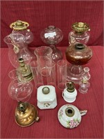15 pieces lamp parts 6 oil lamps, brass candle