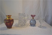Ruby and gold vase, crystal pitcher with
