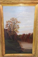 Oil on canvas Fall Scene with pressed wood gold